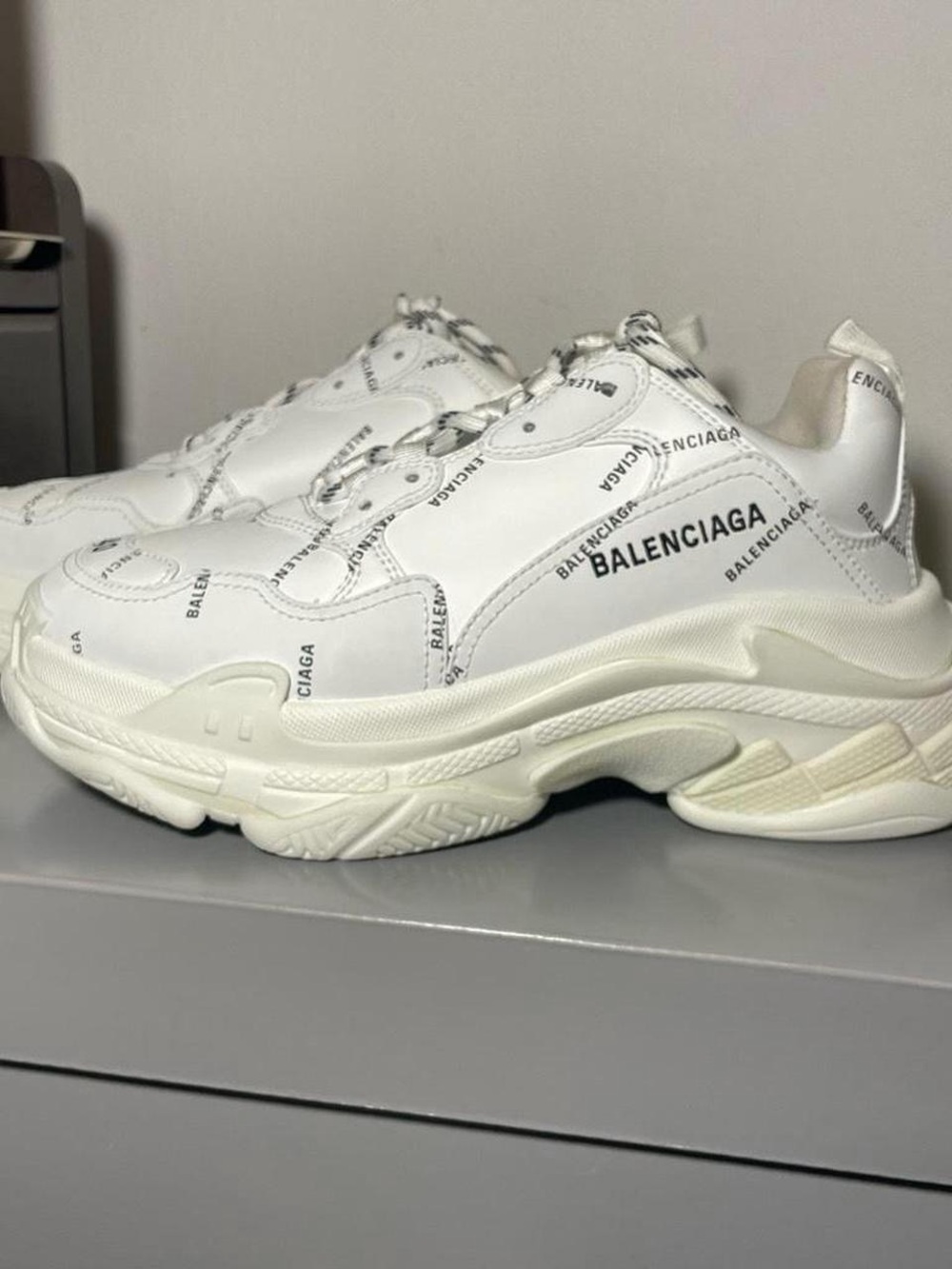 Balenciaga Men’s White Triple S Logo Leather Sneaker